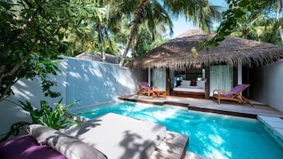 Private pool in the screened courtyard behind a Beach Villa at Coco Bodu Hithi